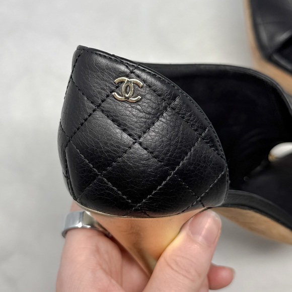 CHANEL Quilted Leather Open Toe D'orsay Side Cut Out Ankle Bootie Heels Black 37 - Picture 4 of 16